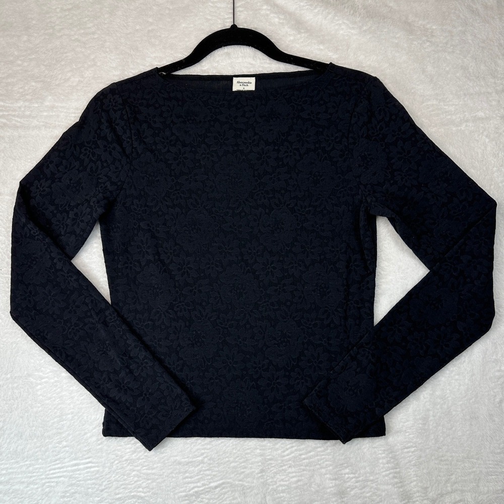Abercrombie & Fitch Y2K Lace Top Women S Black Floral Long Sleeve Boat Neck